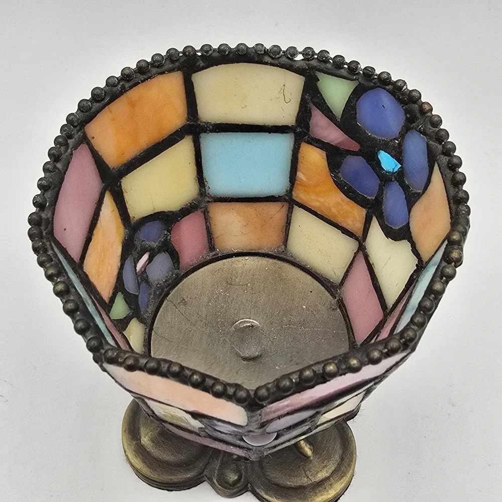 PartyLite Stained Glass Votive Candle Holder Mosaic Pastel Floral Metal Base - Picture 2 of 9